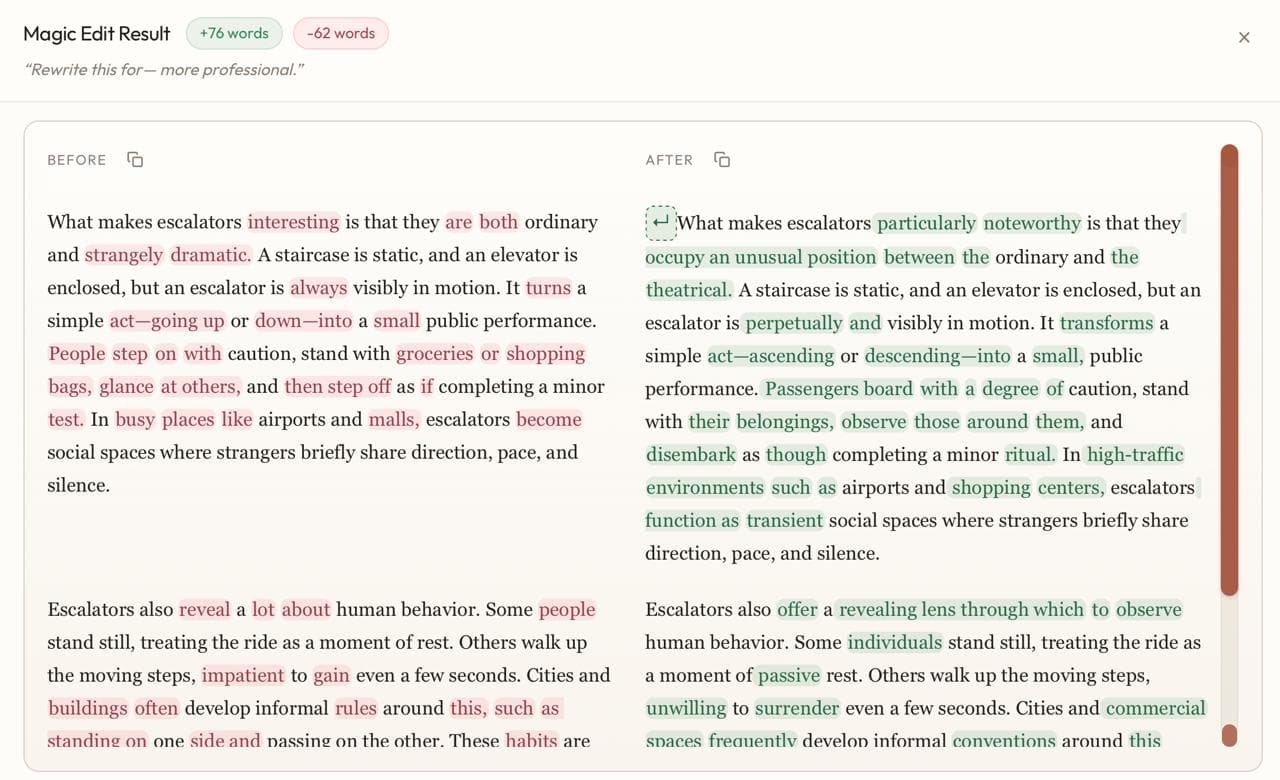 Scout Magic Edit showing before and after text with highlighted changes